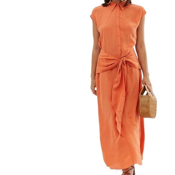 & Other Stories Salmon Orange Waist Knot Midi Dress in Viscose - Size Medium - Picture 4 of 9